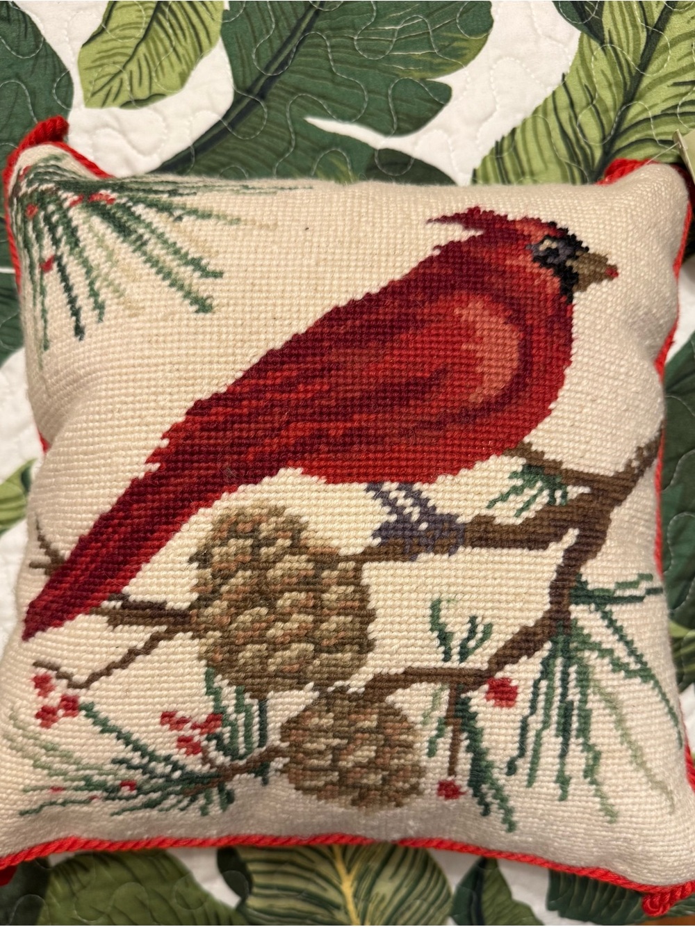 NWT Sally Eckman Roberts Red Cardinal Needlepoint Accent Pillow